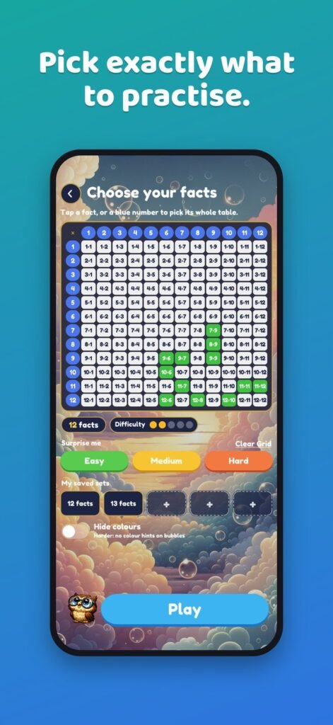 Choose exactly which times tables facts to practise
